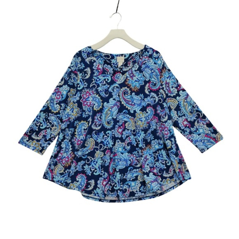 Chicos Womens Artsy Coastal Floral Blouse 2 L Top Blue Paisley VNeck 3/4 Sleeve